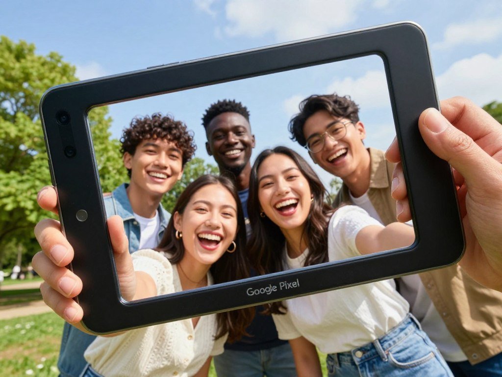 Friends fit into a wide selfie frame on a Google Pixel phone