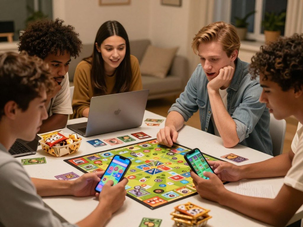 Friends planning card moves in a mobile strategy game