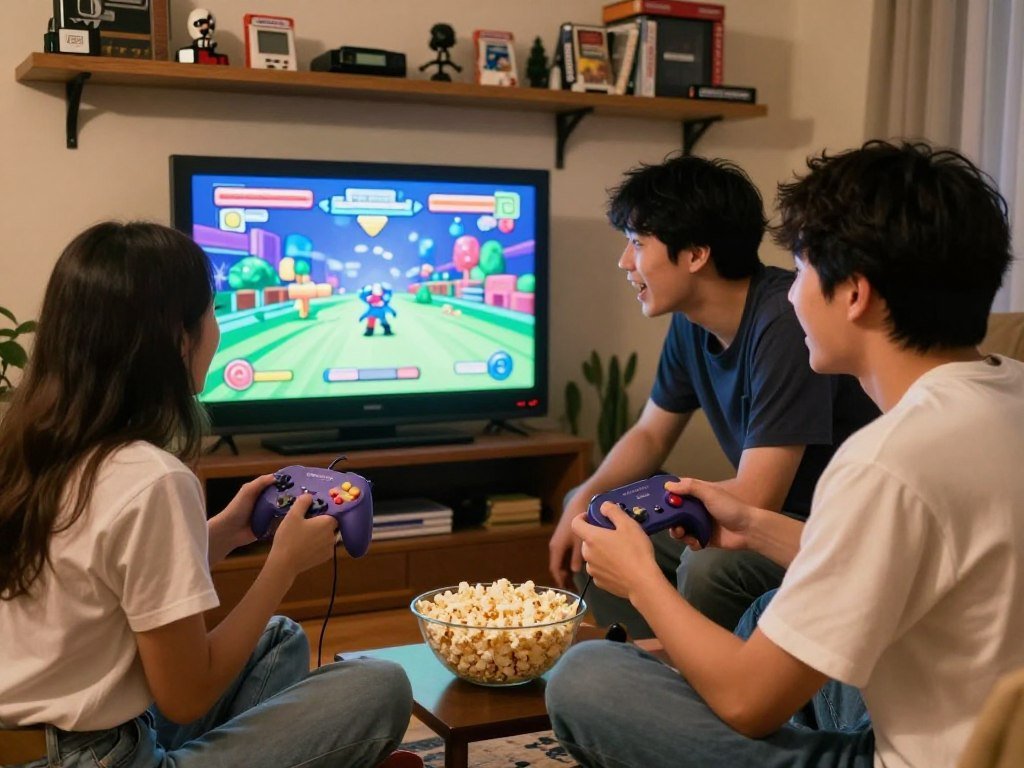 Friends play competitive multiplayer on a GameCube Friends play competitive multiplayer on a GameCube