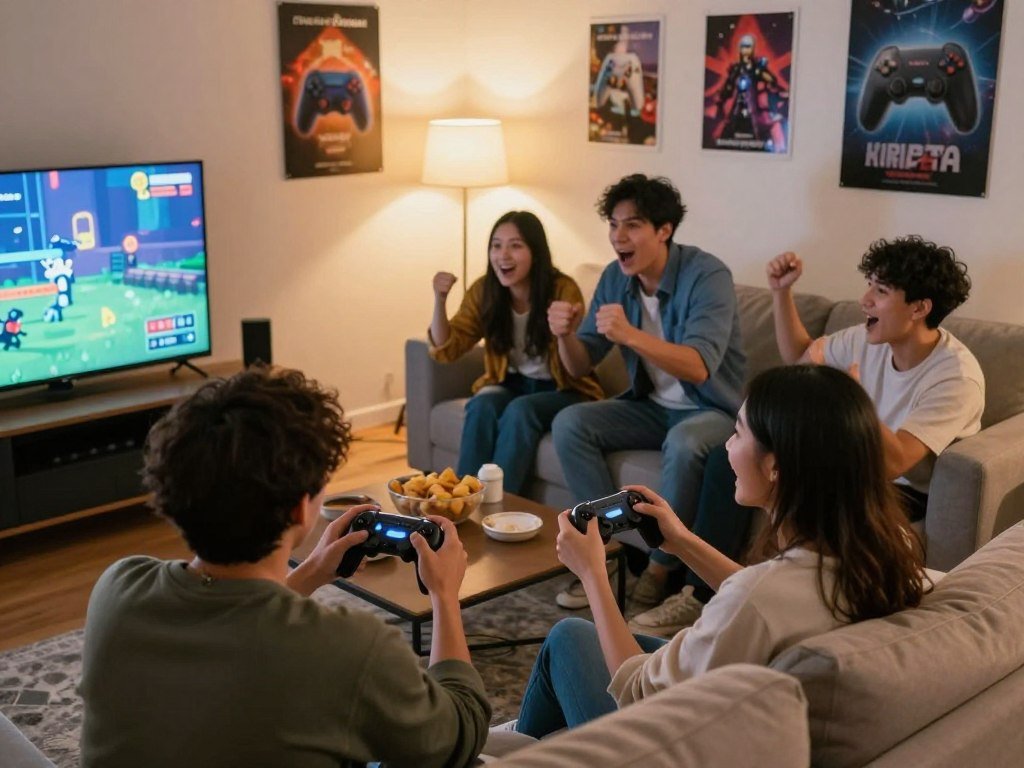 Friends playing couch co-op on a shared console Friends playing couch co-op on a shared console