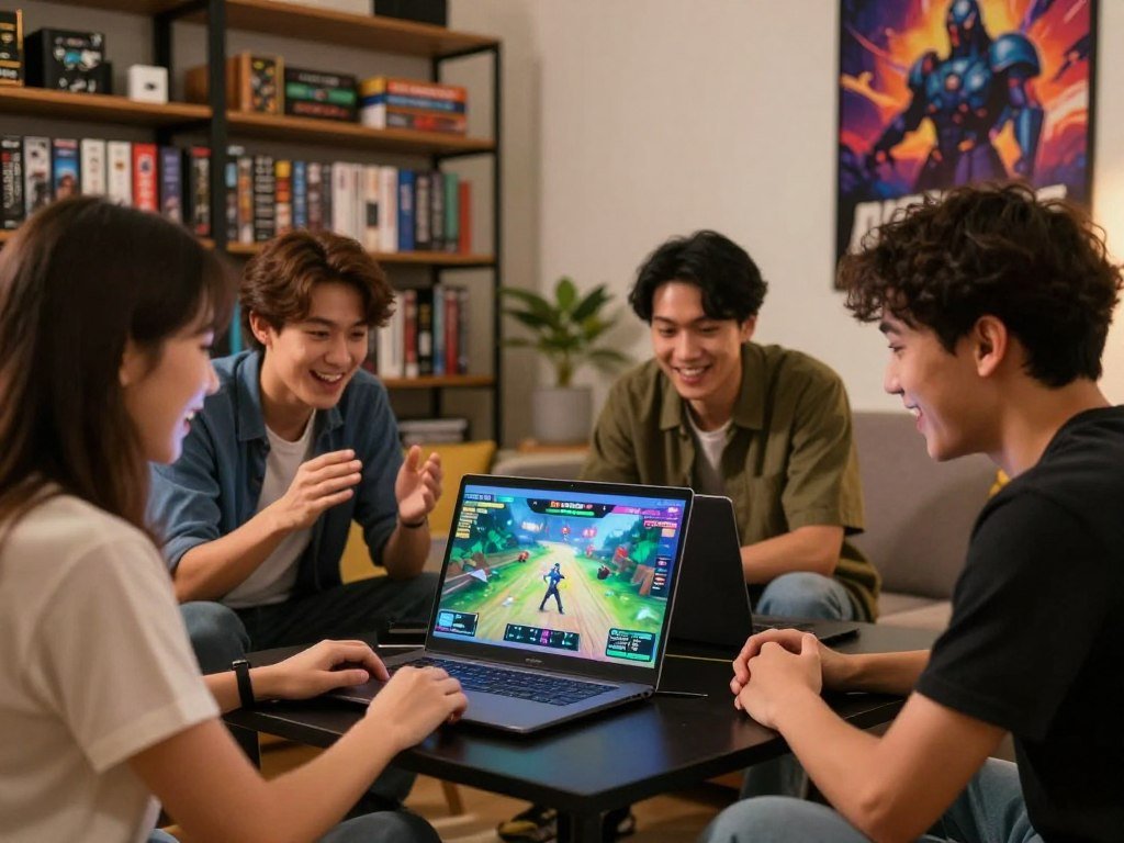 Friends playing multiplayer browser games around a shared screen