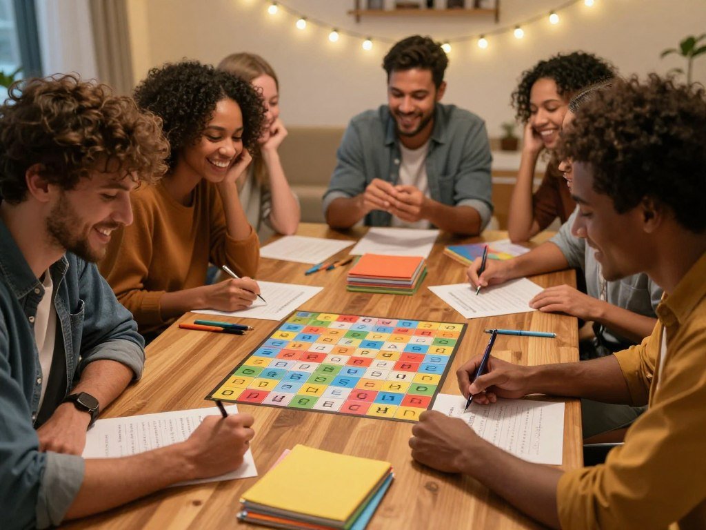 Friends playing word games with paper and pens at a party
