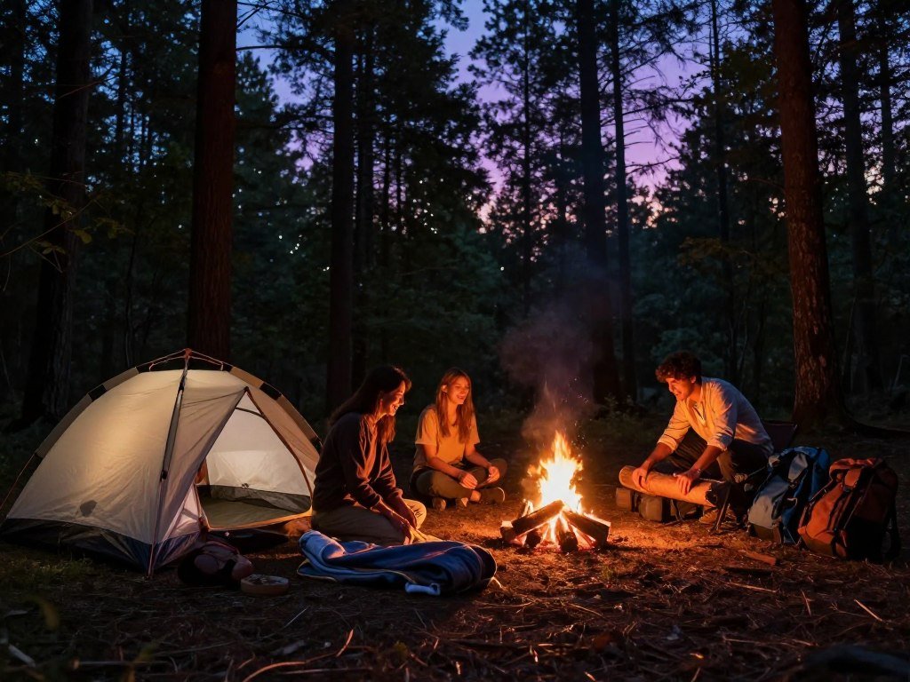 Friends prepare a forest camp before night falls Friends prepare a forest camp before night falls