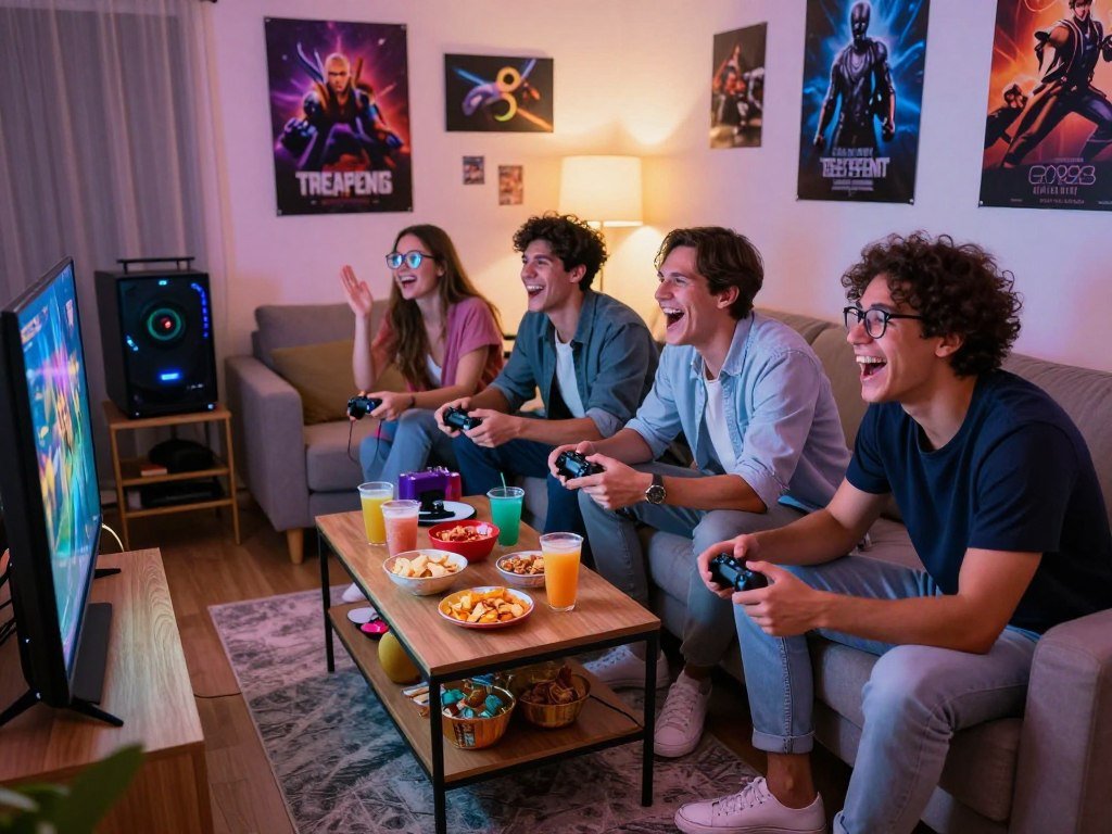 Friends racing and laughing during casual multiplayer games