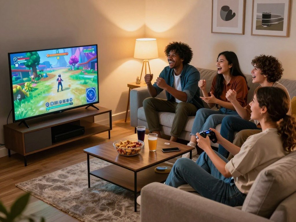 Friends sit together for couch co-op on a shared screen