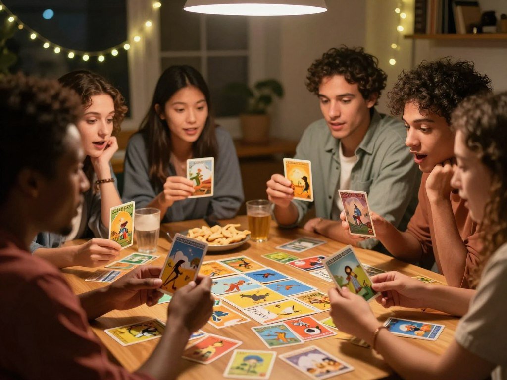 Friends study illustrated Dixit cards for a storyteller clue