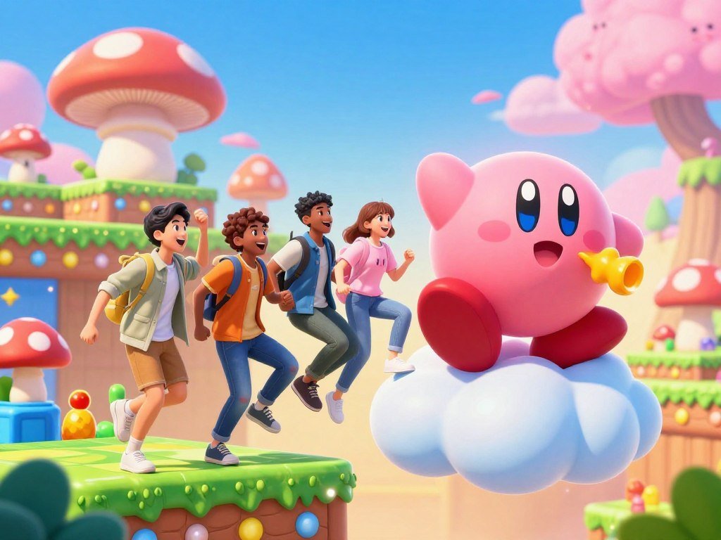 Friends teaming up with Kirby in a colorful platform game