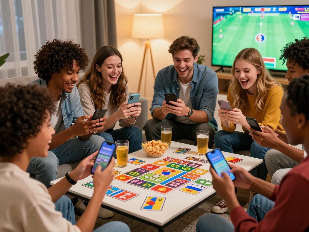 Friends using phones to join a funny party game together Friends using phones to join a funny party game together