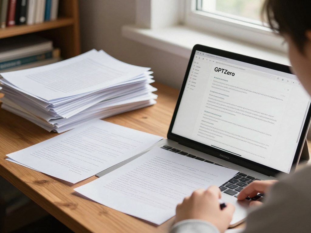 GPTZero report beside a student's saved writing drafts