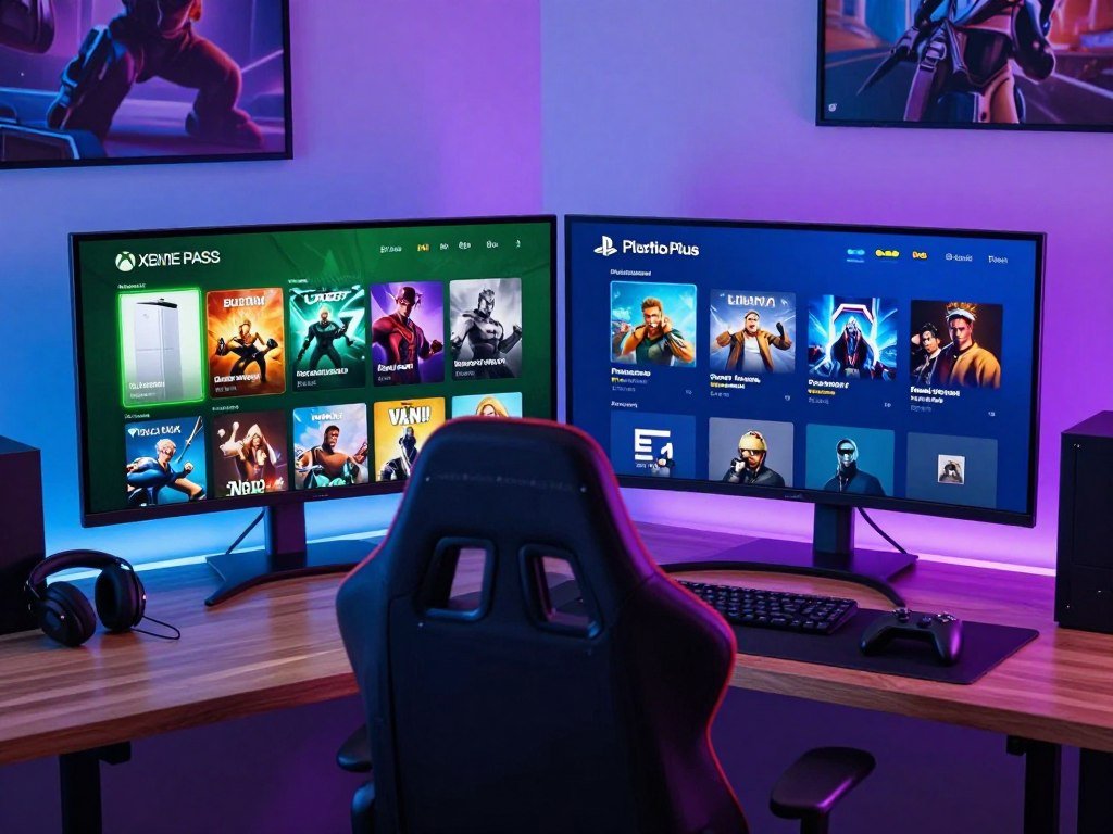 Game Pass and PlayStation Plus subscription plans on screens Game Pass and PlayStation Plus subscription plans on screens