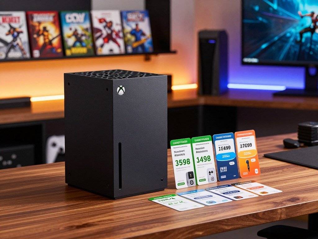 Game Pass monthly prices beside an Xbox Series console