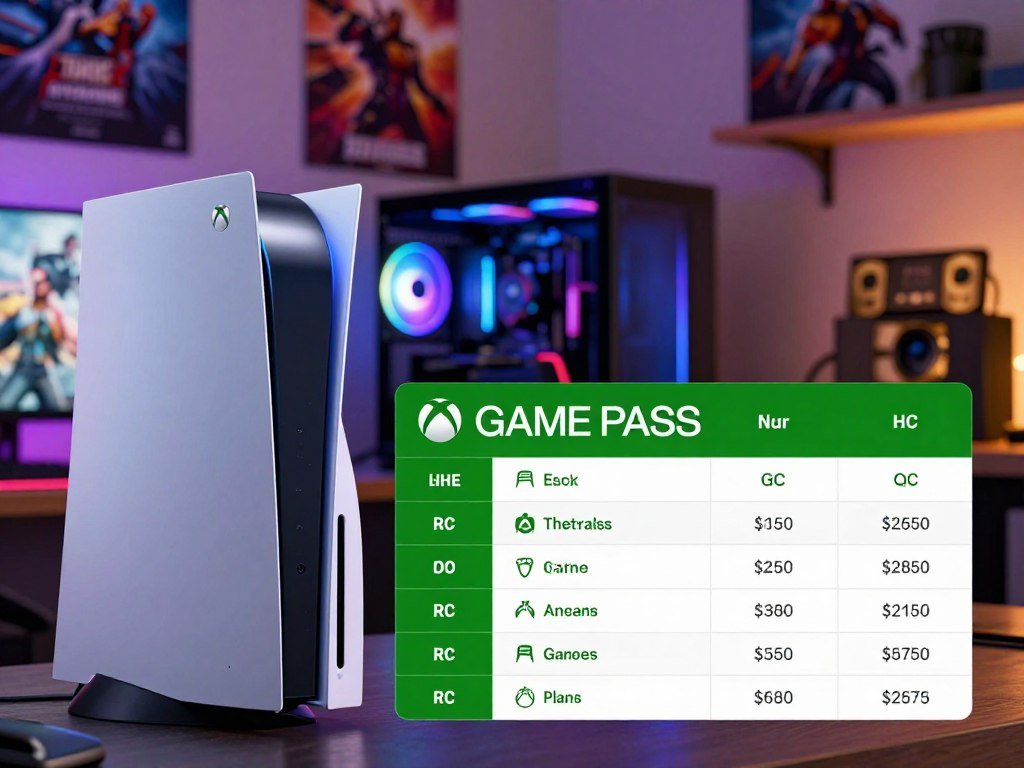 Game Pass plan comparison beside a console and PC Game Pass plan comparison beside a console and PC