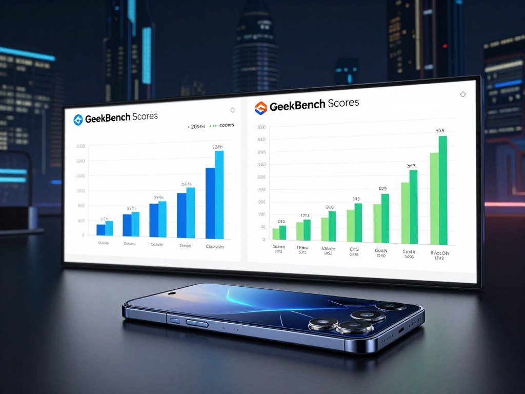 Geekbench scores beside reported CPU cores and Adreno GPU