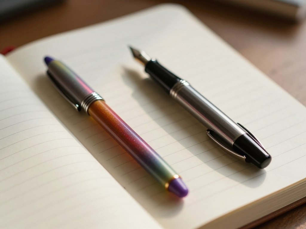 Gel pen and fountain pen beside a lined journal page