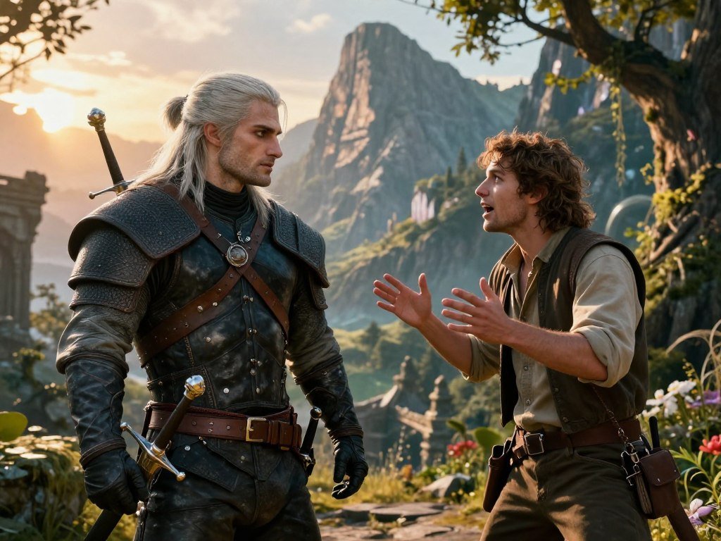 Geralt and an adventurer comparing fantasy quests and worlds Geralt and an adventurer comparing fantasy quests and worlds