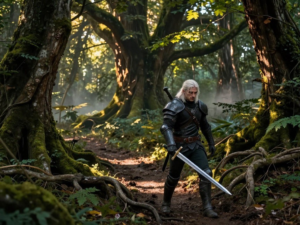 Geralt follows a monster trail through a forest path