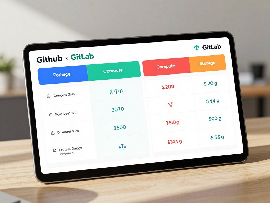 GitHub GitLab pricing table showing compute and storage allowances GitHub GitLab pricing table showing compute and storage allowances