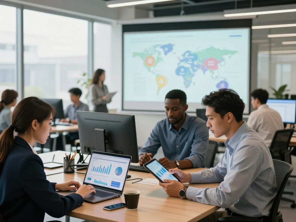 Global job projections shown beside workers at a computer