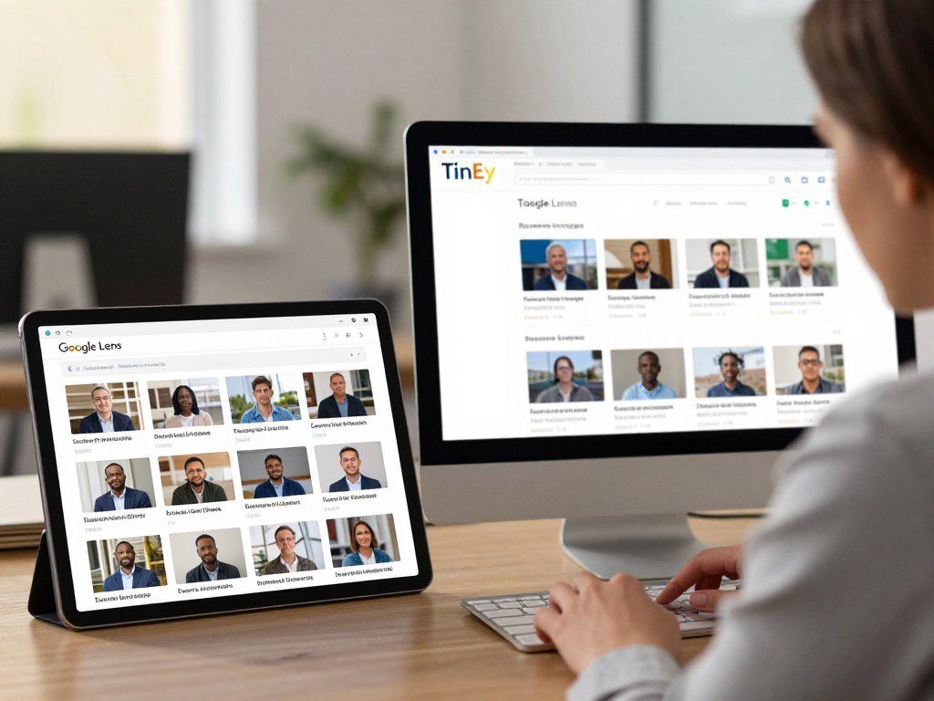 Google Lens and TinEye results for a research image search