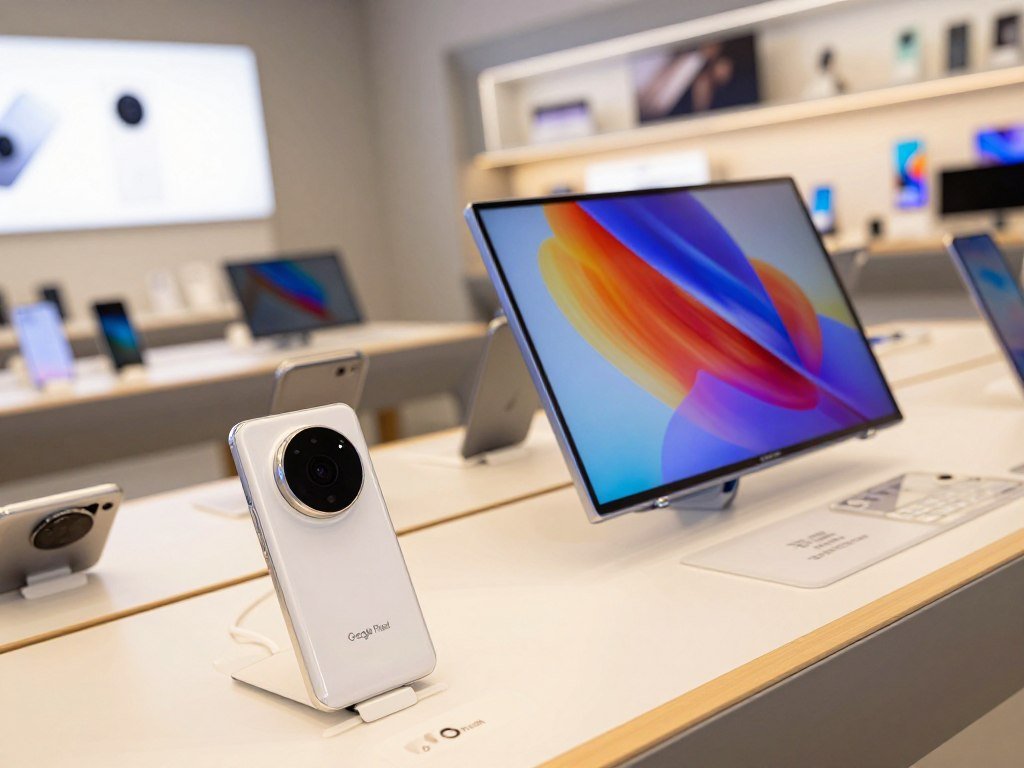 Google Pixel camera and Samsung Galaxy display in a store