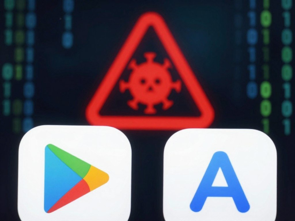 Google Play and App Store icons beside a malware warning