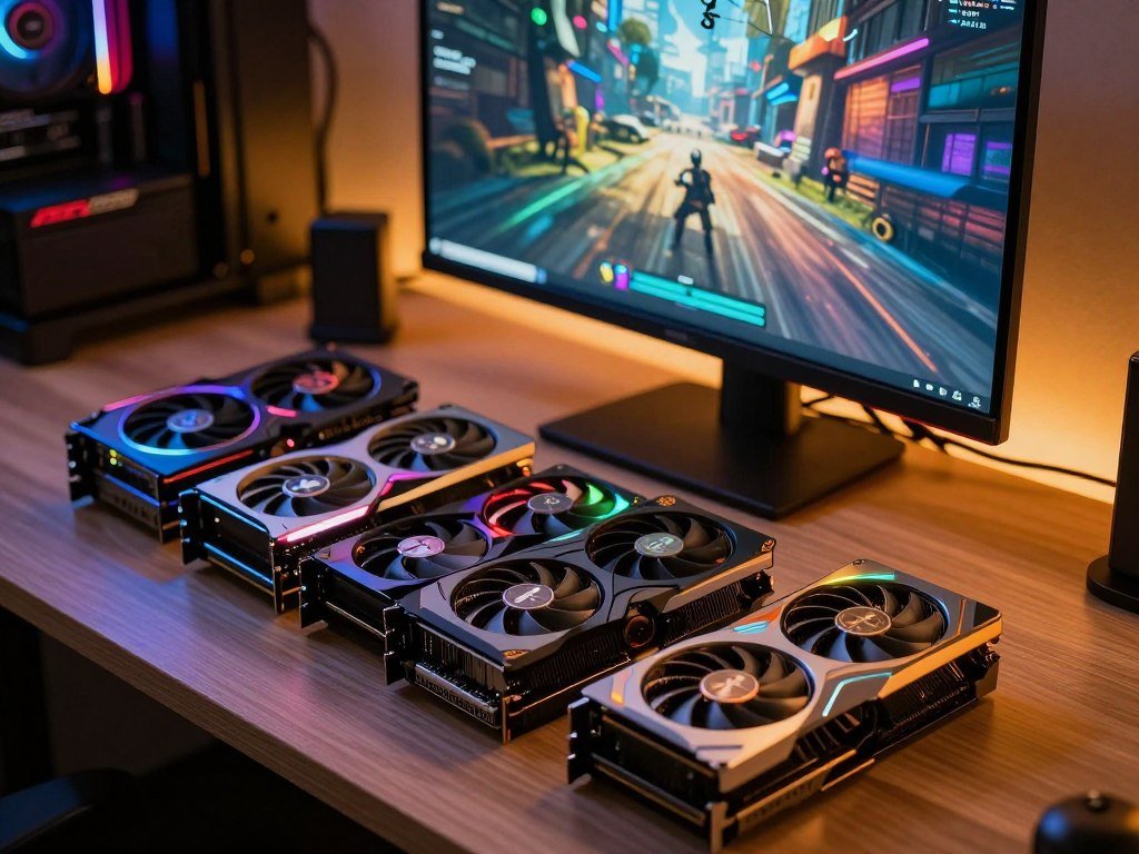 Graphics card choices beside a gaming monitor