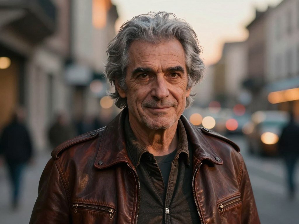 Gray-haired character with brown eyes in a leather jacket