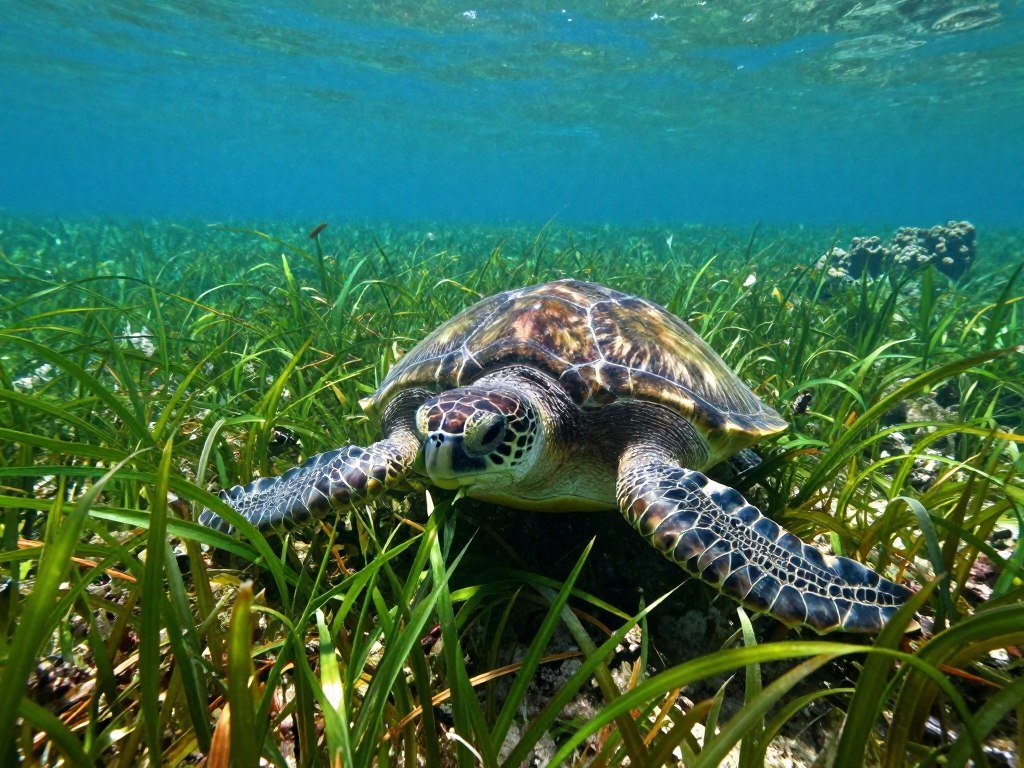 Green turtle feeding above Akumal seagrass beds