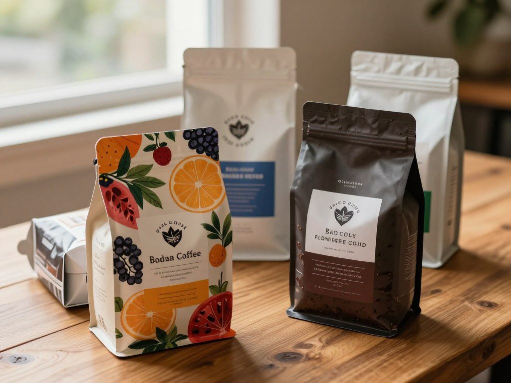 Grocery coffee bags showing fruity and medium-dark choices Grocery coffee bags showing fruity and medium-dark choices
