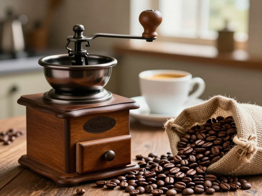 Hand grinder loading whole coffee beans for espresso Hand grinder loading whole coffee beans for espresso