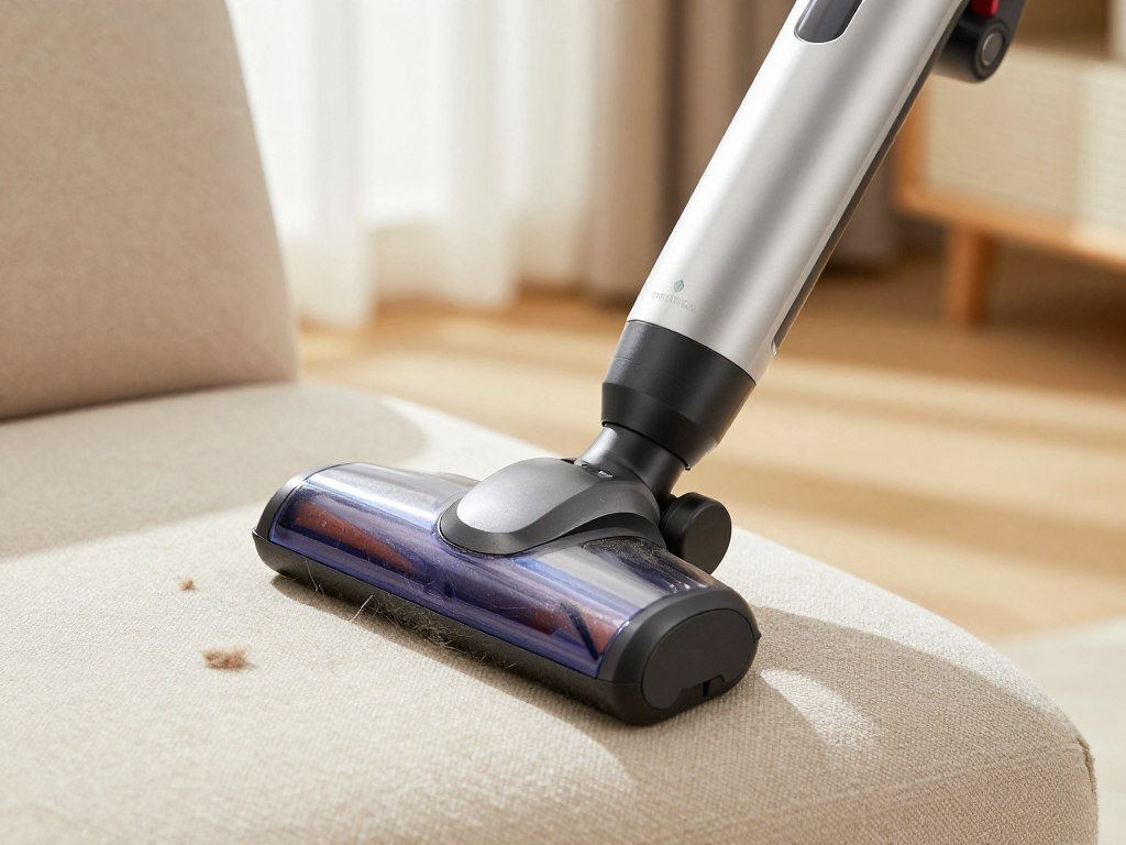 Handheld vacuum tool lifting hair from a couch cushion Handheld vacuum tool lifting hair from a couch cushion