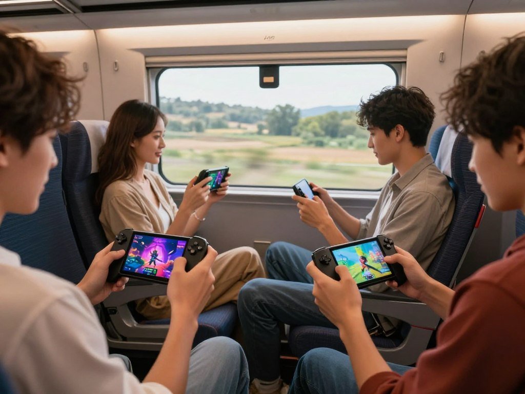 Handhelds playing games on battery during a travel session Handhelds playing games on battery during a travel session