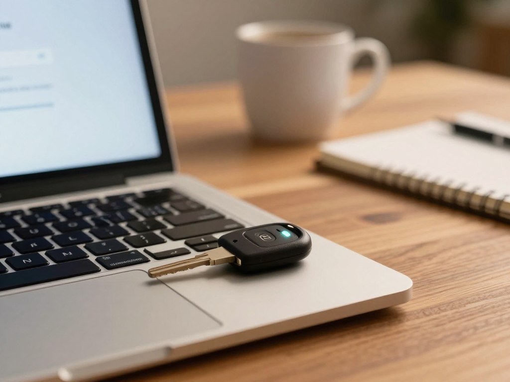 Hardware security key beside a laptop used for authentication