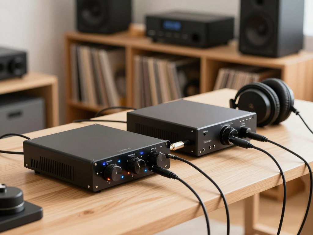 Headphone amp and source connections arranged on a desk