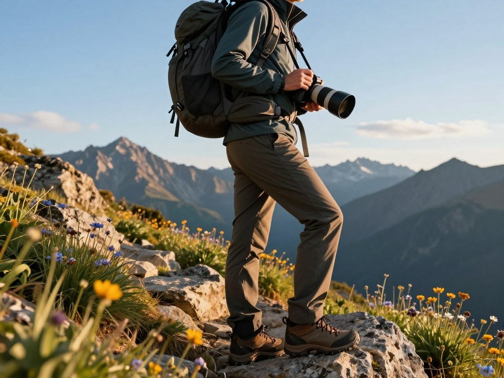 Hiker carrying a camera backpack with a telephoto lens Hiker carrying a camera backpack with a telephoto lens
