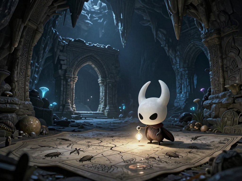 Hollow Knight exploring an underground map past insect ruins