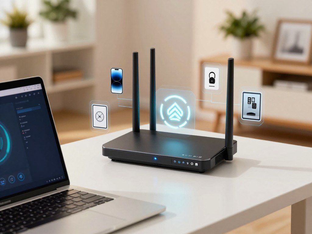 Home router firewall protecting connected devices and a laptop