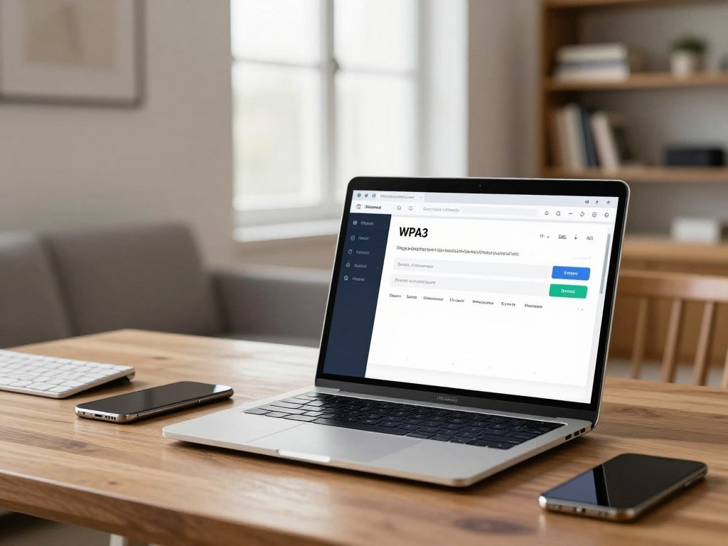 Home router settings show WPA3 security on a laptop