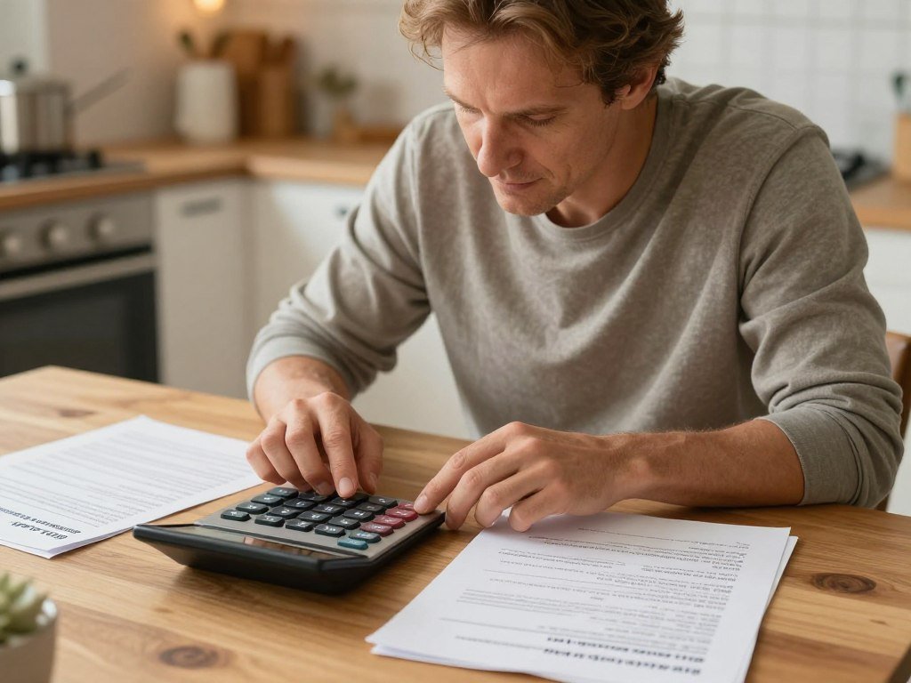 Homeowner checking loan payments and fees on a calculator Homeowner checking loan payments and fees on a calculator