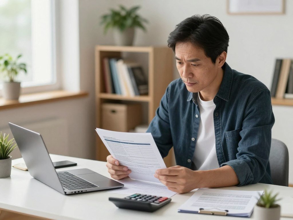 Homeowner reviewing credit, mortgage balance, and equity figures Homeowner reviewing credit, mortgage balance, and equity figures