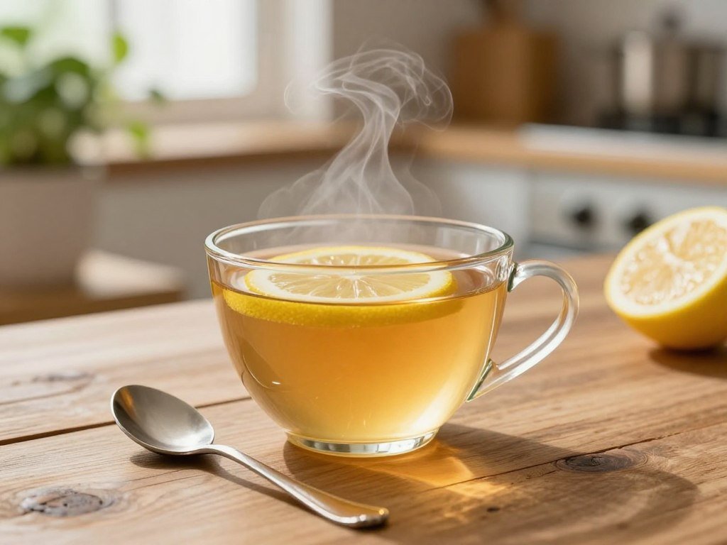 Honey lemon tea in a warm cup beside a small spoon