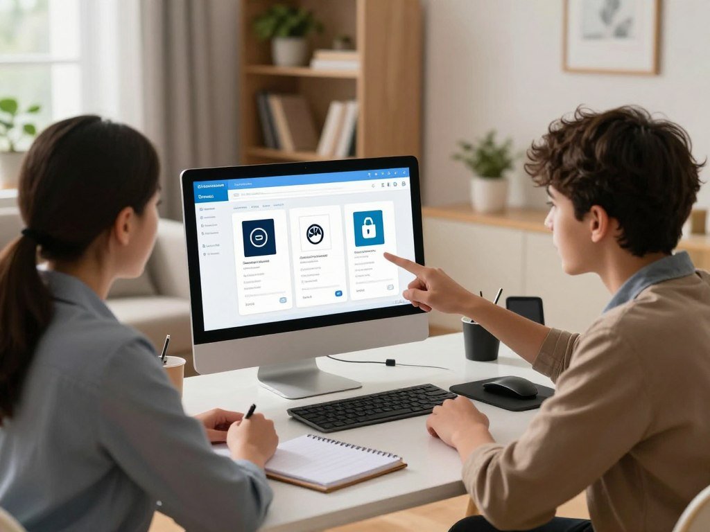 Household compares internet security choices on a screen