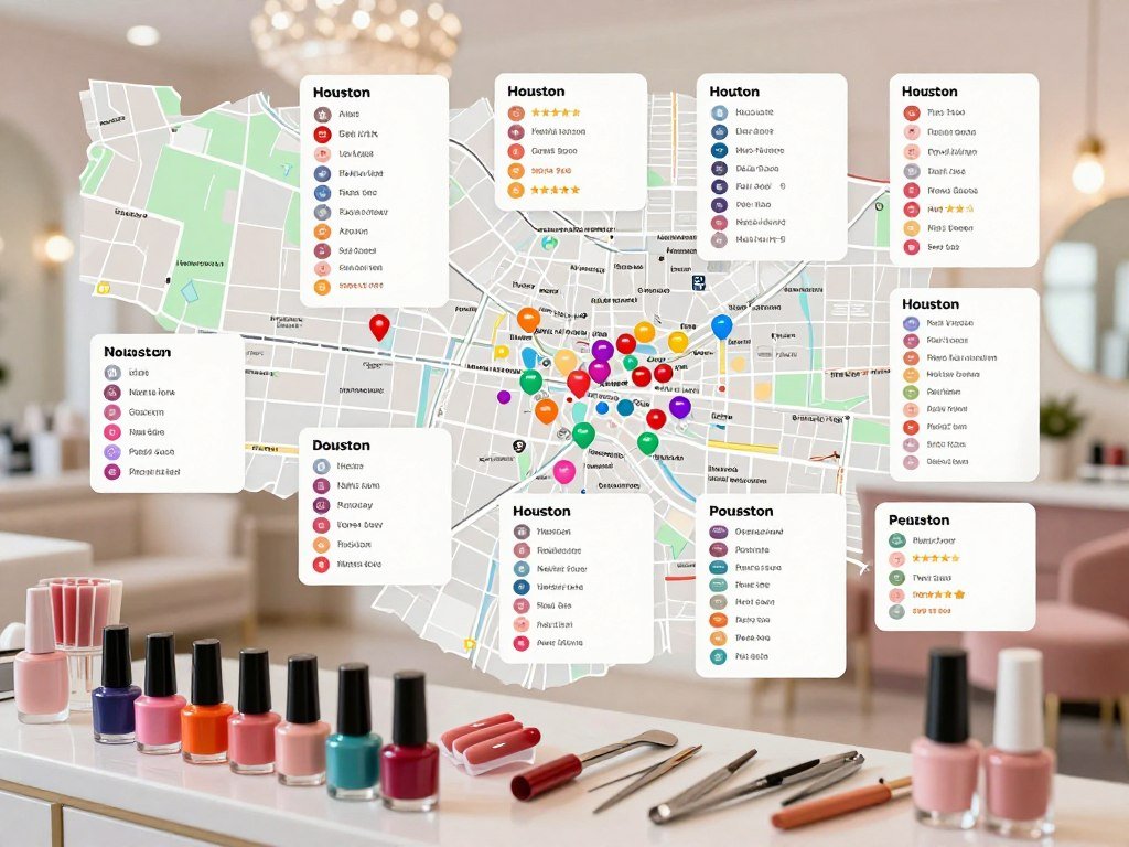Houston nail salons compared by area, review count, and service price