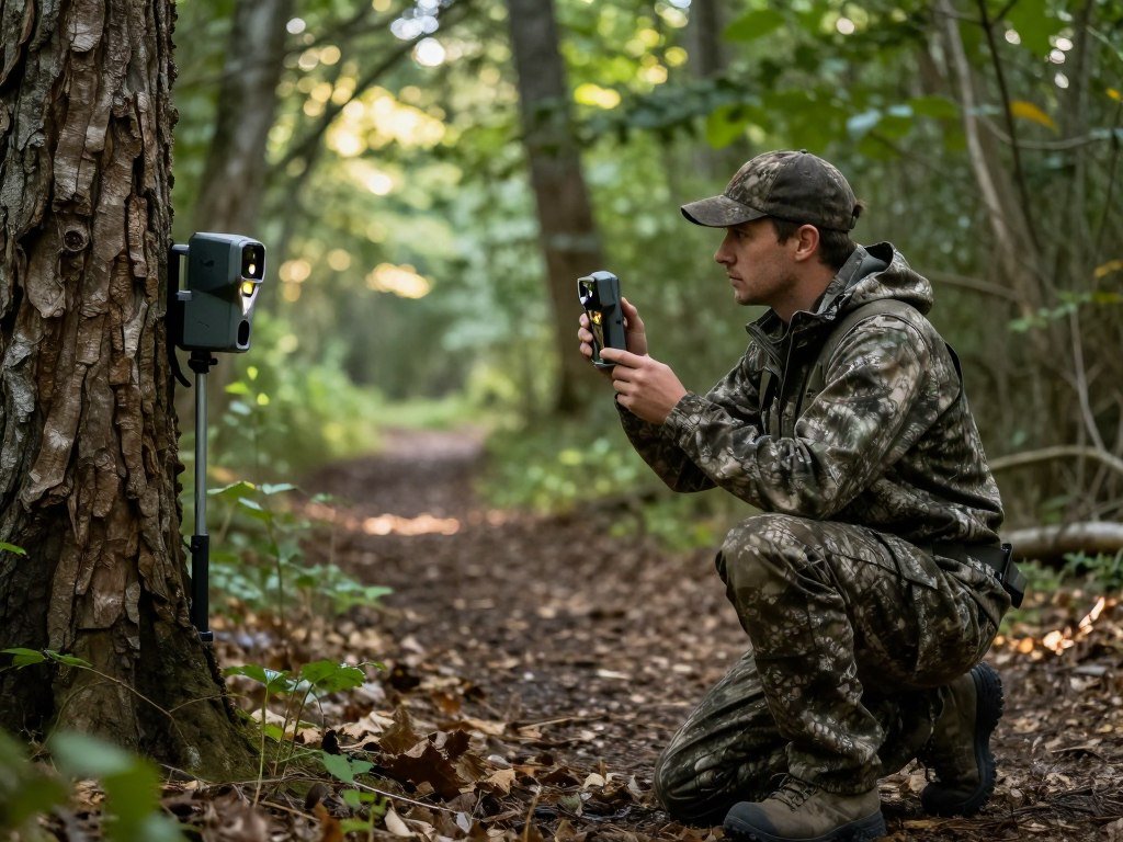Hunter checks trigger speed and detection range along a deer trail