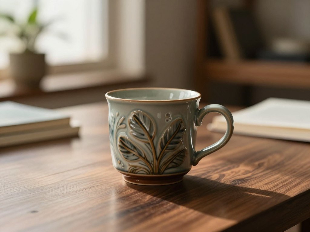 Image generation draft showing a mug on a walnut table Image generation draft showing a mug on a walnut table