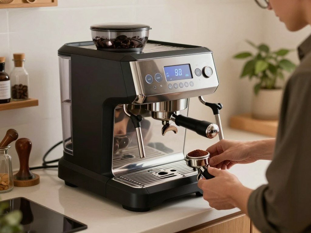 Impress espresso machine assisting with coffee dosing and tamping Impress espresso machine assisting with coffee dosing and tamping
