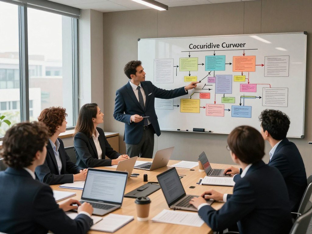 In-house lawyers mapping document workflows on a conference room board