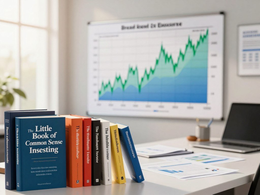 Index investing books beside a chart showing broad market exposure