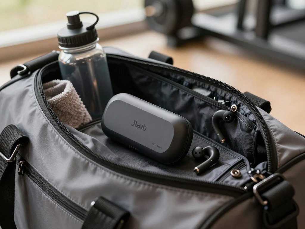 JLab Go Air Sport+ case and earhooks in a gym bag