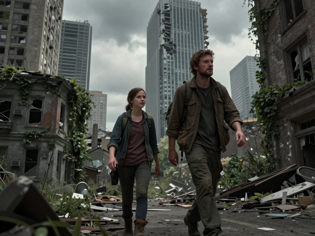 Joel and Ellie cross a ruined city in The Last of Us Joel and Ellie cross a ruined city in The Last of Us